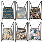 Kawaii Cartoon Dog Cat Backpack Women Drawstring Bags Canvas Shoulder Bag for Travel Girls Rucksack Storage Bags Shoes Holder
