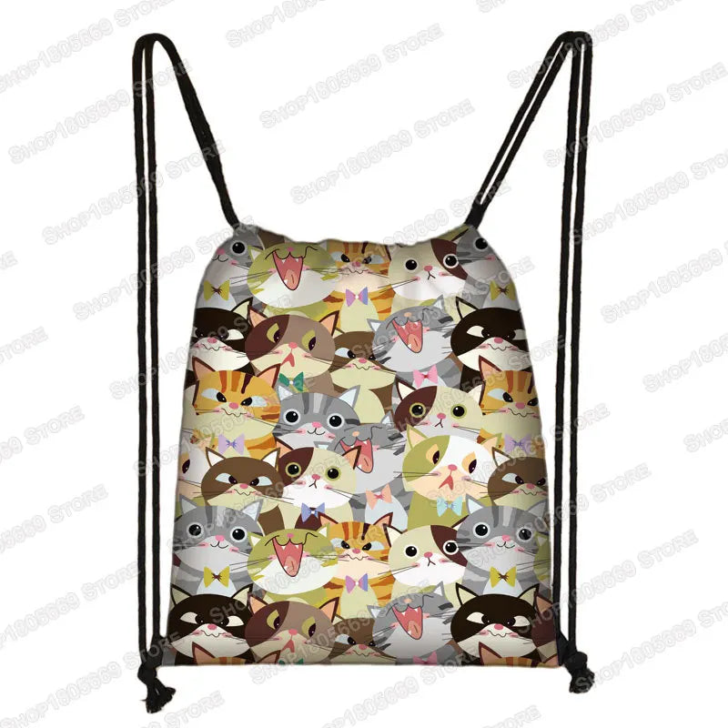 Kawaii Cartoon Dog Cat Backpack Women Drawstring Bags Canvas Shoulder Bag for Travel Girls Rucksack Storage Bags Shoes Holder