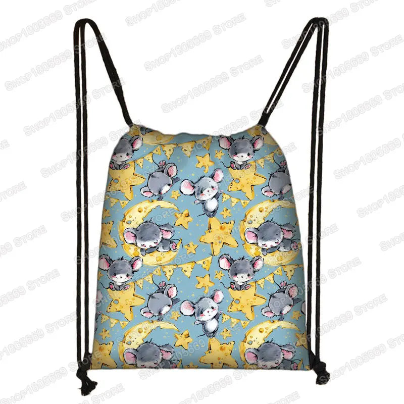 Kawaii Cartoon Dog Cat Backpack Women Drawstring Bags Canvas Shoulder Bag for Travel Girls Rucksack Storage Bags Shoes Holder