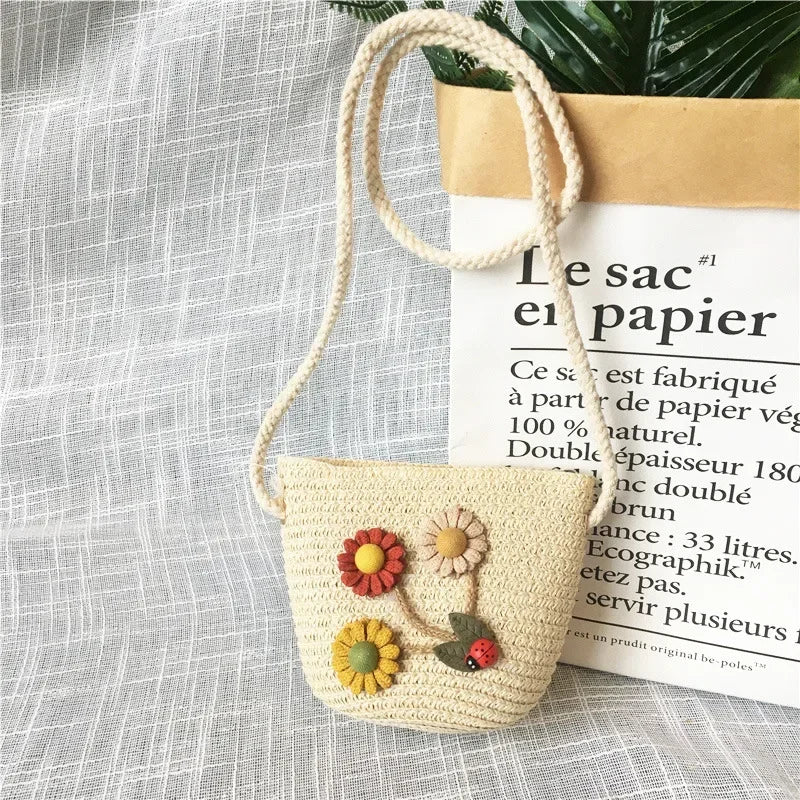 Children's Straw Crossbody Bag Lovely Girls Small Coin Purse Princess Wallet Handbags Baby Kids Mini Summer Shoulder Bags