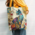 Floral Cat Pattern Tote Bag, Aesthetic Canvas School Shoulder Bag, Lightweight Grocery Shopping Bag