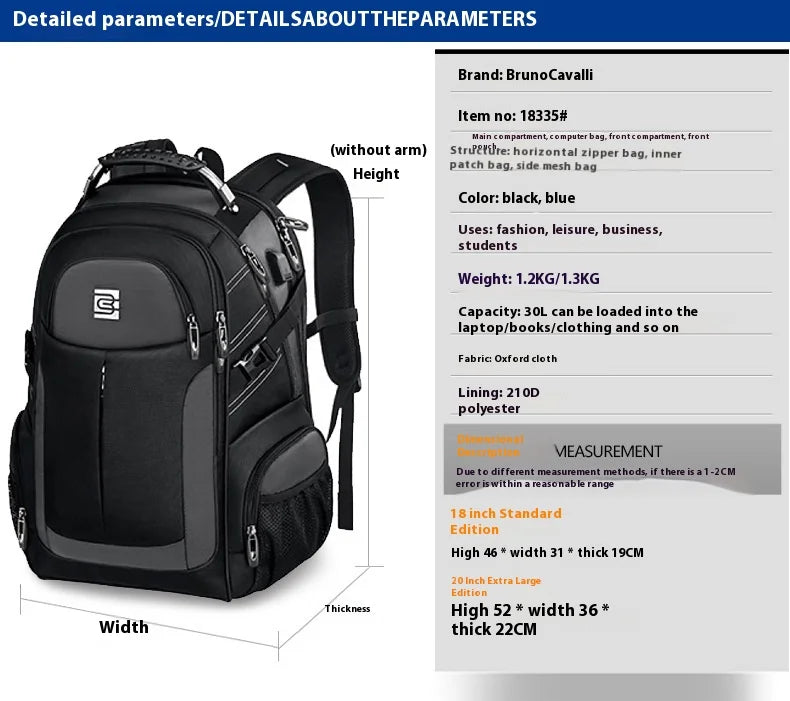 BrunoCavalli Men's Laptop Backpacks For 17 Inch Fashion Women Travel Bag Waterproof School Backpack Large Capacity Men Bagpack