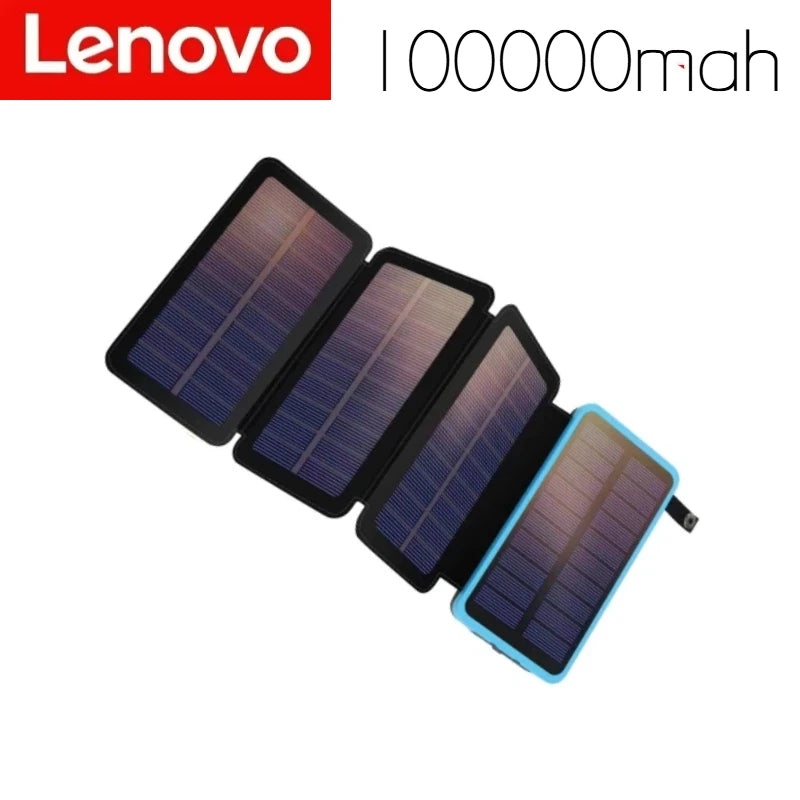 Lenovo LED Solar Power Bank  200000mAh 4 Solar Panels Wireless Charger Portable External Battery Flashlight for Outdoor Travel