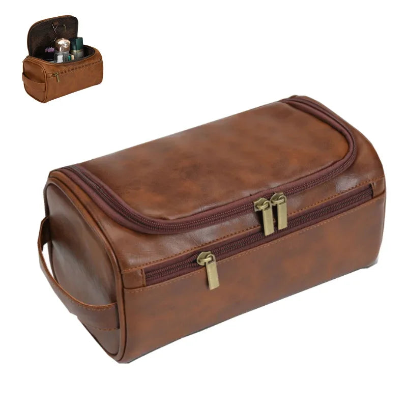 Men's Vintage Toiletry Bag - Luxury Travel Cosmetic Case Hanging Wash Bag for Business Trips Male Makeup Organizer Storage Pouch
