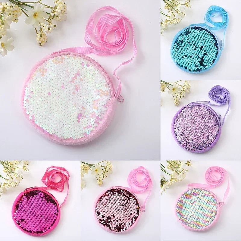Lovely Round Princess Coin Purse Color Sequins Shiny Lanyard Shoulder Bag Children's Messenger Small Pack Kids Handbag Girl Gift