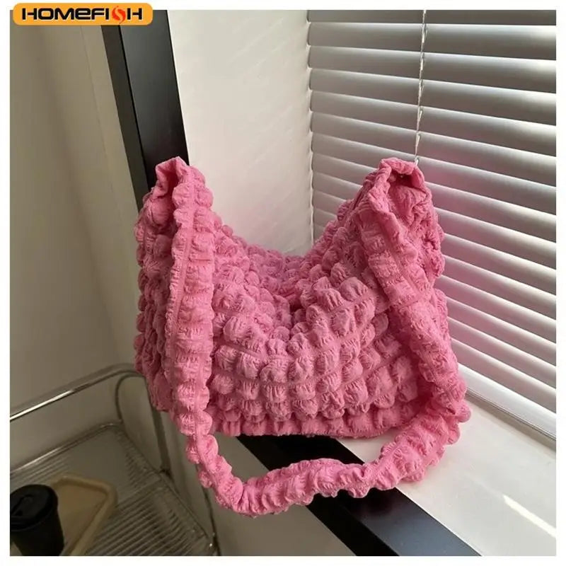 HOMEFISH Crossbody Bag With Pleated Design Embroidered Plaid Shoulder Bag Underarm Bags Simple Large Capacity Quilted Tote Bags