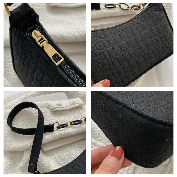 Women's Embossed Felt Handbag with Portable Chain