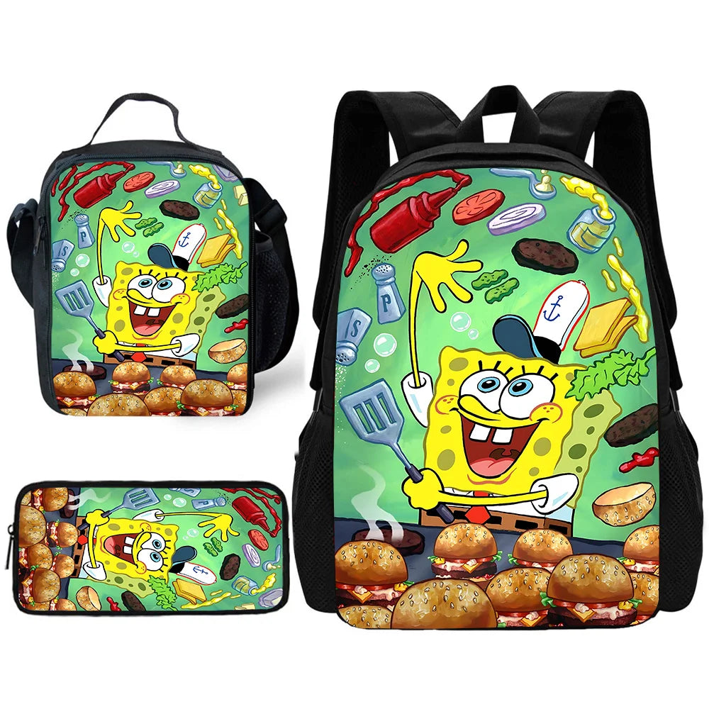 Cute Potdemiel Child School Backpack with Lunch Bags ,Pencil Bags ,School Bags for Boys Girls S-Sponge-BobS Best Gift