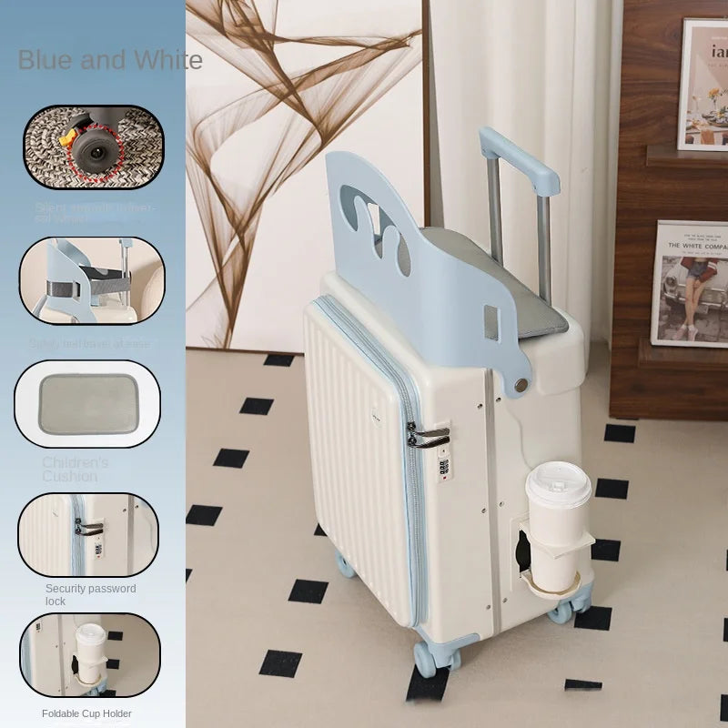 2025 New suitcase for children can Sit 20/22 inch Ride on Luggage Front Opening Sturdy Thickened Travel suitcase with Cup Holder