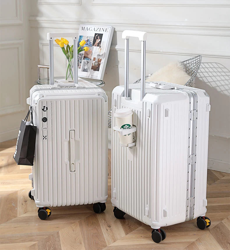 sushimu Suitcase Wide Handle Travel Suitcase Men 20 24 26 Carry-On Luggage Women PC Aluminum Frame Trolley Case
