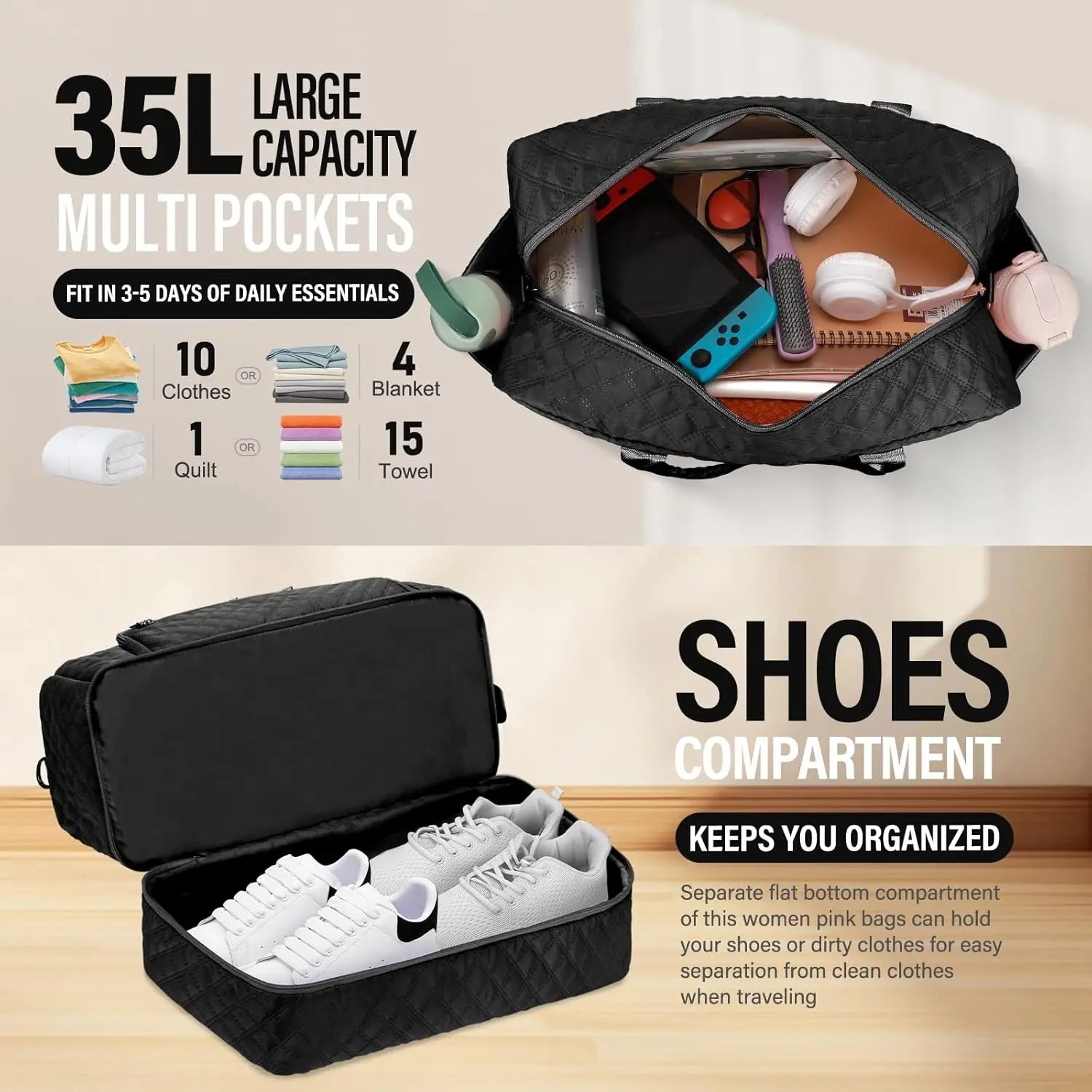 Large Travel Duffle Bag for Women,Carry on Overnight Bag Weekender Bags with Toiletry Bag with Shoe Compartment