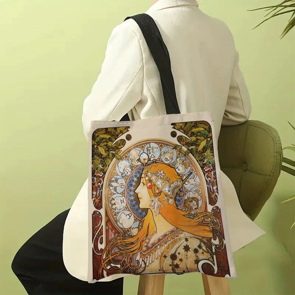 Mucha Series Digital Printed Linen Bag Open Tote Bag Handbag Retro Shopping Bag