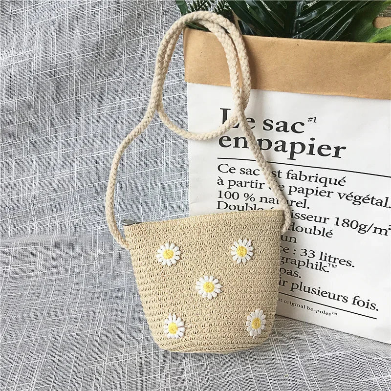 Children's Straw Crossbody Bag Lovely Girls Small Coin Purse Princess Wallet Handbags Baby Kids Mini Summer Shoulder Bags