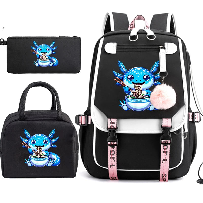Boba Axolotl Anime School Backpack for Teenage Girls Fashiona Back To School Bookbag Mochila Bookbag with Lunch Bags ,Pencil Bag