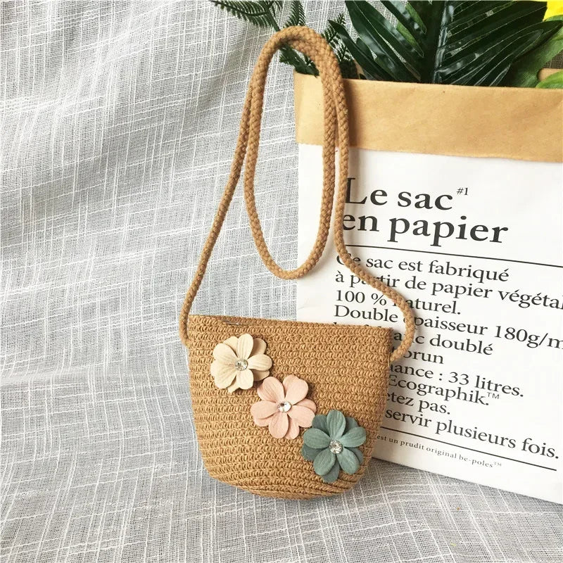 Children's Straw Crossbody Bag Lovely Girls Small Coin Purse Princess Wallet Handbags Baby Kids Mini Summer Shoulder Bags