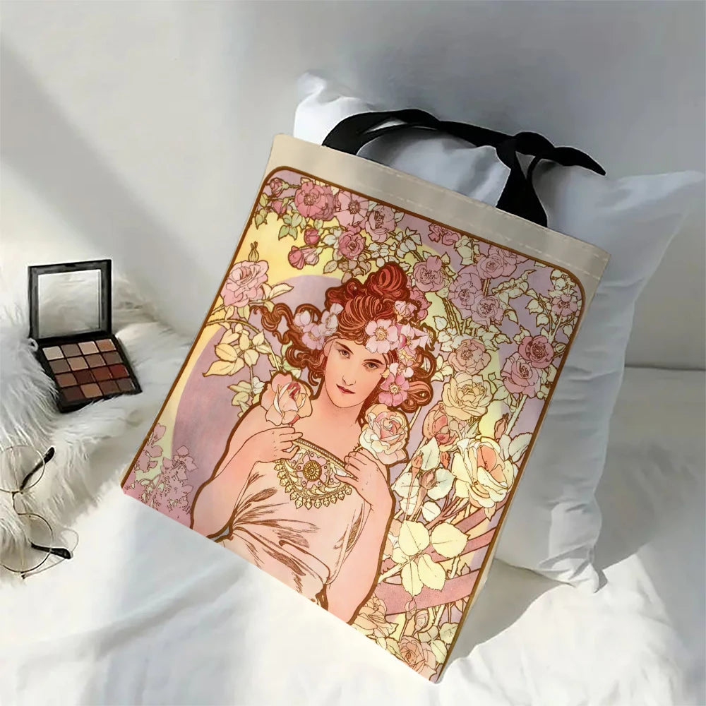 Mucha Series Digital Printed Linen Bag Open Tote Bag Handbag Retro Shopping Bag