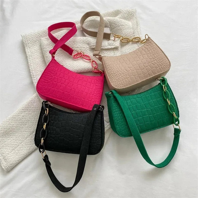 Women's Embossed Felt Handbag with Portable Chain