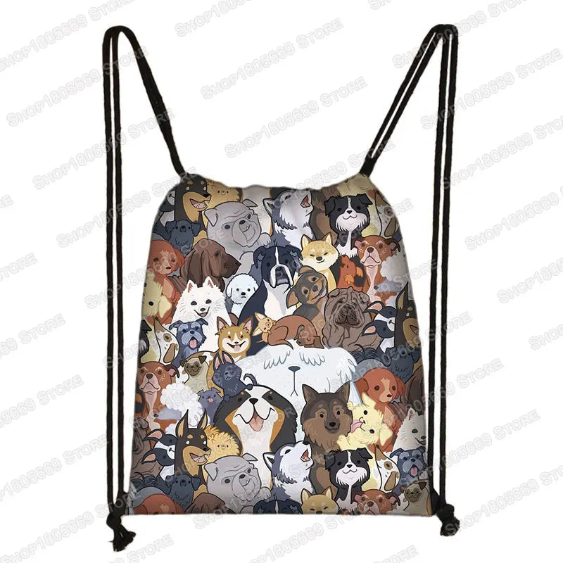 Kawaii Cartoon Dog Cat Backpack Women Drawstring Bags Canvas Shoulder Bag for Travel Girls Rucksack Storage Bags Shoes Holder
