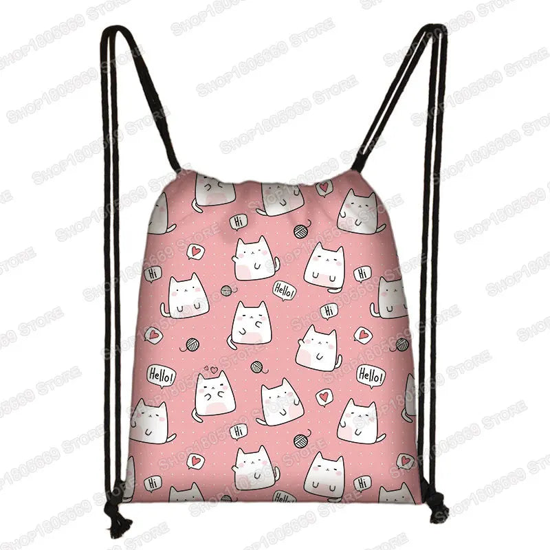 Kawaii Cartoon Dog Cat Backpack Women Drawstring Bags Canvas Shoulder Bag for Travel Girls Rucksack Storage Bags Shoes Holder