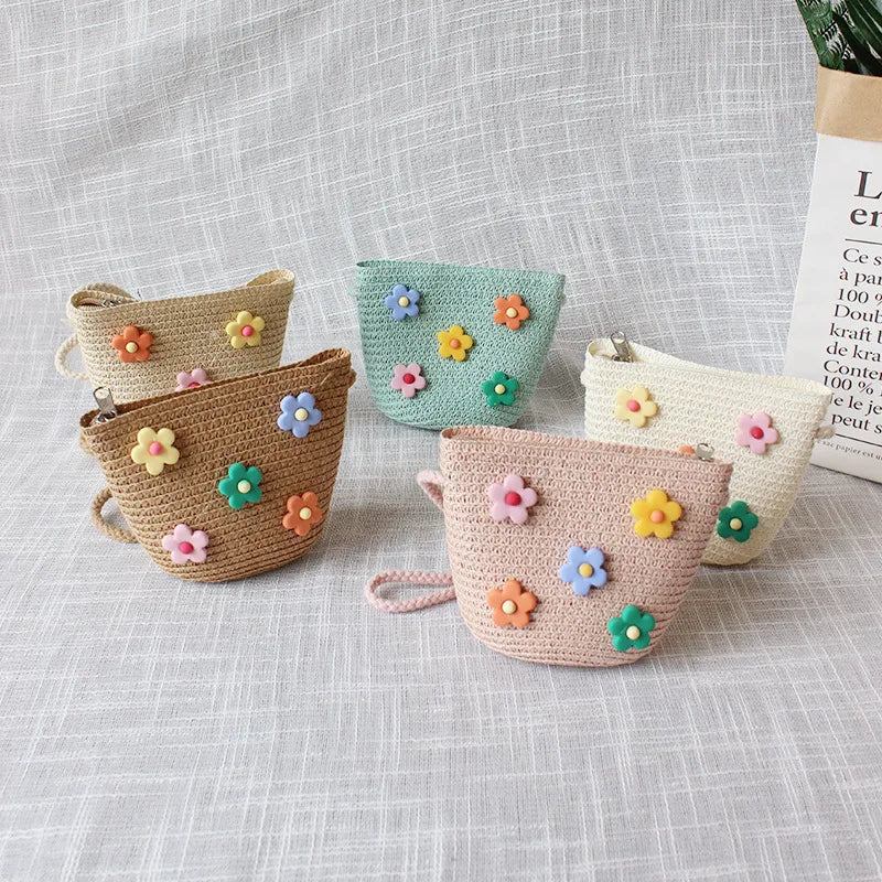Children's Straw Crossbody Bag Lovely Girls Small Coin Purse Princess Wallet Handbags Baby Kids Mini Summer Shoulder Bags