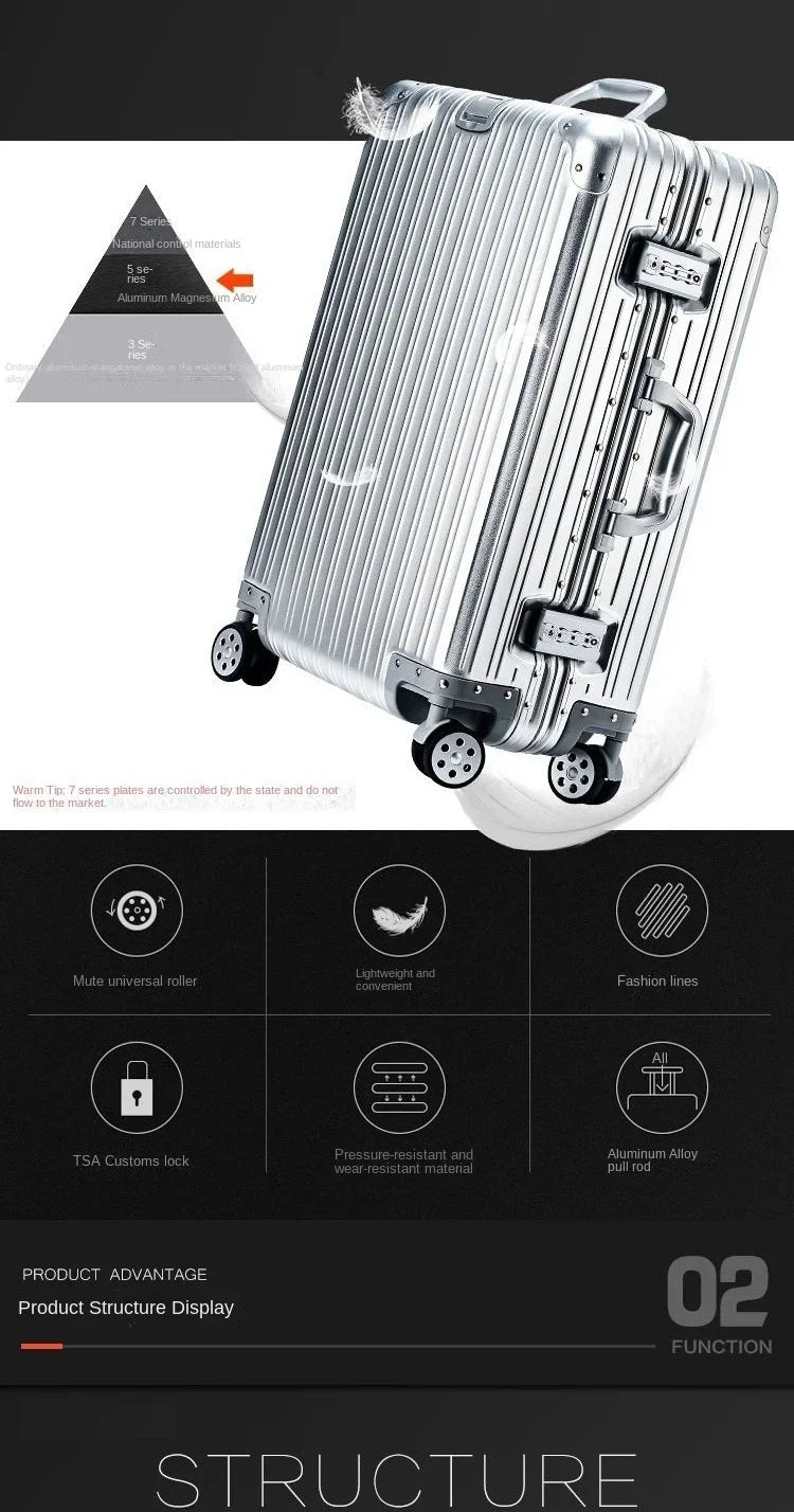 100% Aluminum-Magnesium Alloy Suitcases 20/24/26/29 Inch Lightweight Spinner Luggage TSA Lock Durable Travel Bag