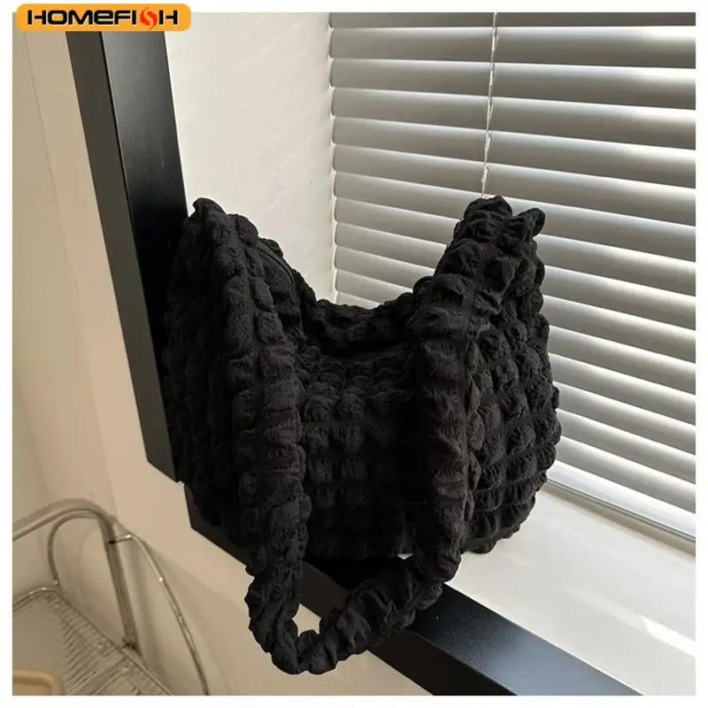HOMEFISH Crossbody Bag With Pleated Design Embroidered Plaid Shoulder Bag Underarm Bags Simple Large Capacity Quilted Tote Bags