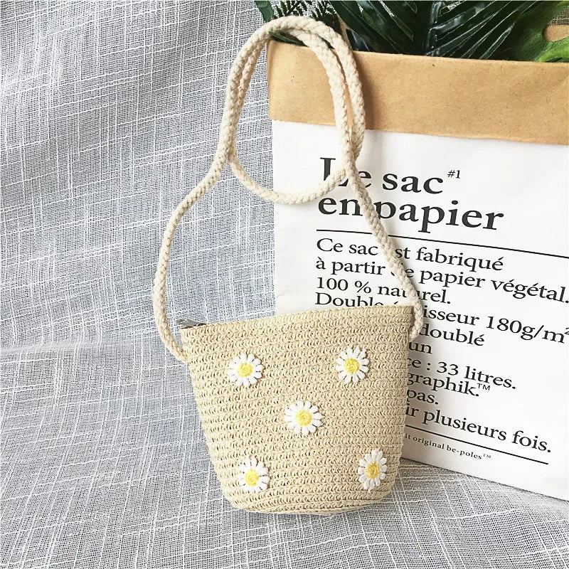 Children's Straw Crossbody Bag Lovely Girls Small Coin Purse Princess Wallet Handbags Baby Kids Mini Summer Shoulder Bags