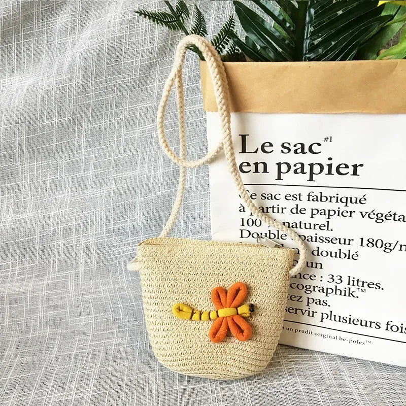 Children's Straw Crossbody Bag Lovely Girls Small Coin Purse Princess Wallet Handbags Baby Kids Mini Summer Shoulder Bags