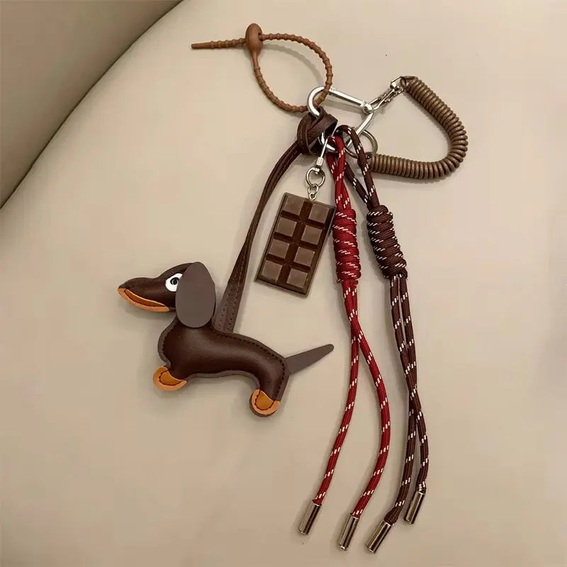 Leather Dachshund Bag Pendant Creative Keychain Lanyard bag Accessory Key Pendant Car Keyring Charm Gift