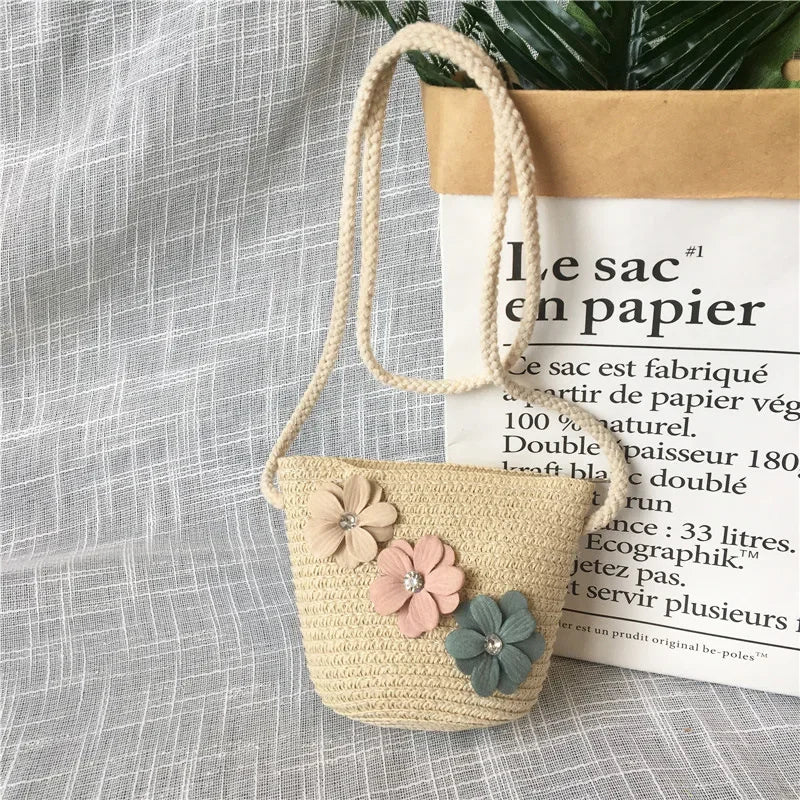 Children's Straw Crossbody Bag Lovely Girls Small Coin Purse Princess Wallet Handbags Baby Kids Mini Summer Shoulder Bags