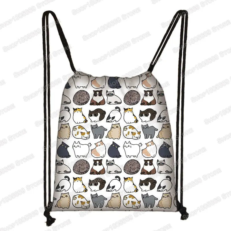 Kawaii Cartoon Dog Cat Backpack Women Drawstring Bags Canvas Shoulder Bag for Travel Girls Rucksack Storage Bags Shoes Holder