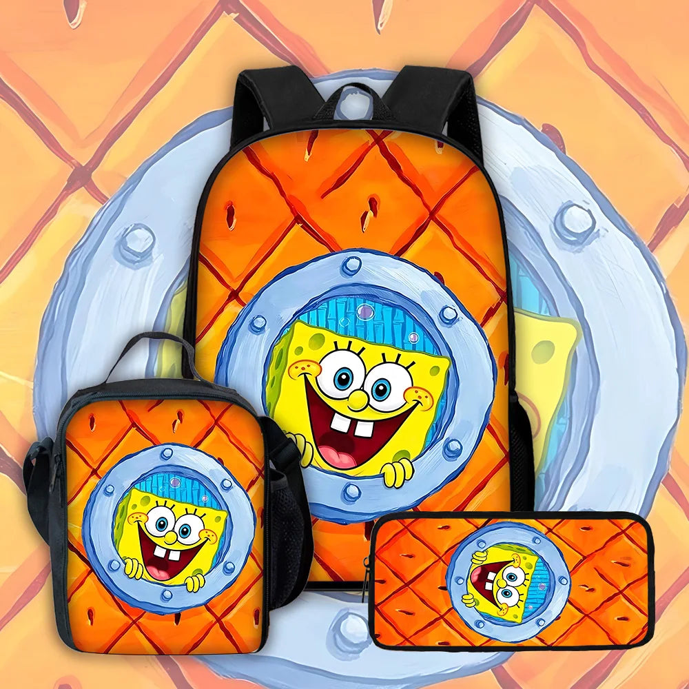 Cute Potdemiel Child School Backpack with Lunch Bags ,Pencil Bags ,School Bags for Boys Girls S-Sponge-BobS Best Gift
