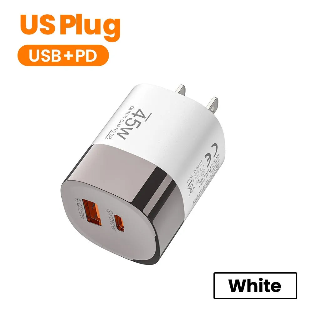 Dual Ports USB Type C Charger Fast Charging 45W QC PD 3.0 Travel Wall Charger Adpater Fast USB Chargers For Phone EU US UK Plug