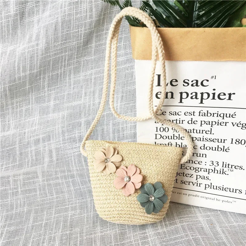 Children's Straw Crossbody Bag Lovely Girls Small Coin Purse Princess Wallet Handbags Baby Kids Mini Summer Shoulder Bags