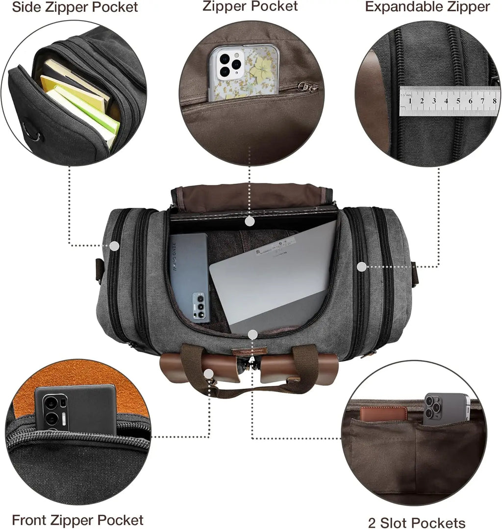 Expandable 60L Canvas Leather Duffle Bag, Waterproof, Weekender Carry-On with Shoe Compartment