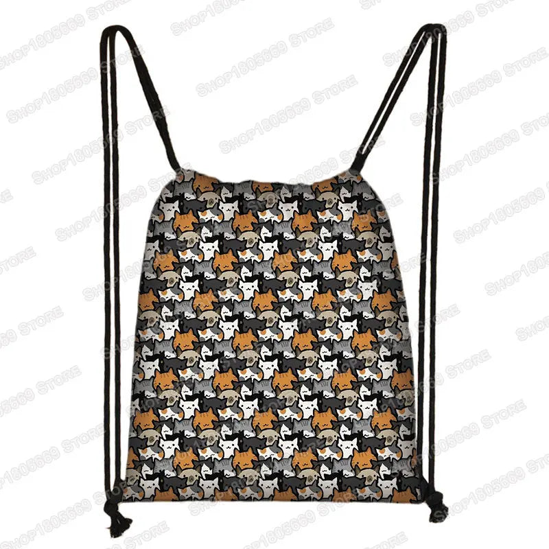 Kawaii Cartoon Dog Cat Backpack Women Drawstring Bags Canvas Shoulder Bag for Travel Girls Rucksack Storage Bags Shoes Holder