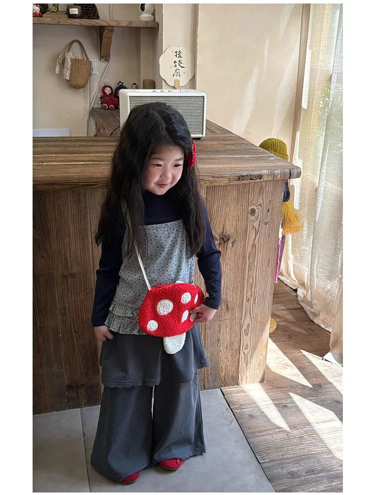 Cartoon Mushroom Girls Plush Shoulder Bags Cute Baby Kids Faux Lamb Wool Crossbody Bag Winter Boys Soft Handbags Coin Purse