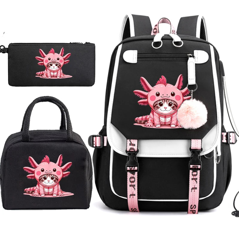 Boba Axolotl Anime School Backpack for Teenage Girls Fashiona Back To School Bookbag Mochila Bookbag with Lunch Bags ,Pencil Bag