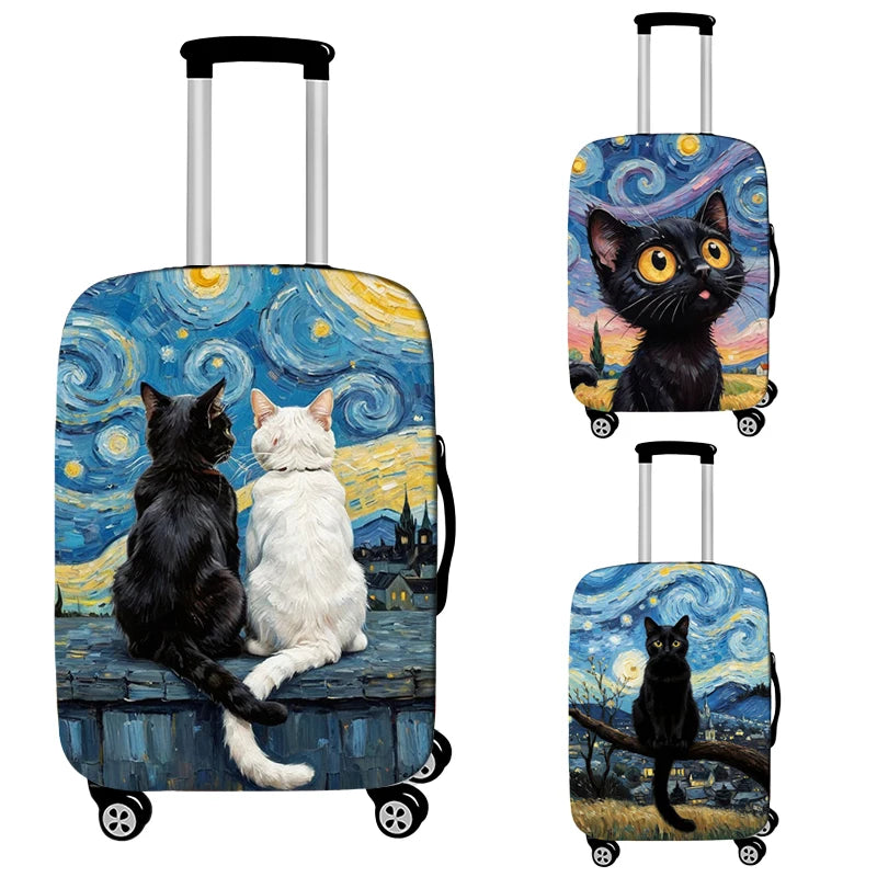 Cute Black Cat in Van Gogh Oil Painting Luggage Cover for Travel Elastic Anti-dust Suitcase Covers Trolley Case Protective Cover