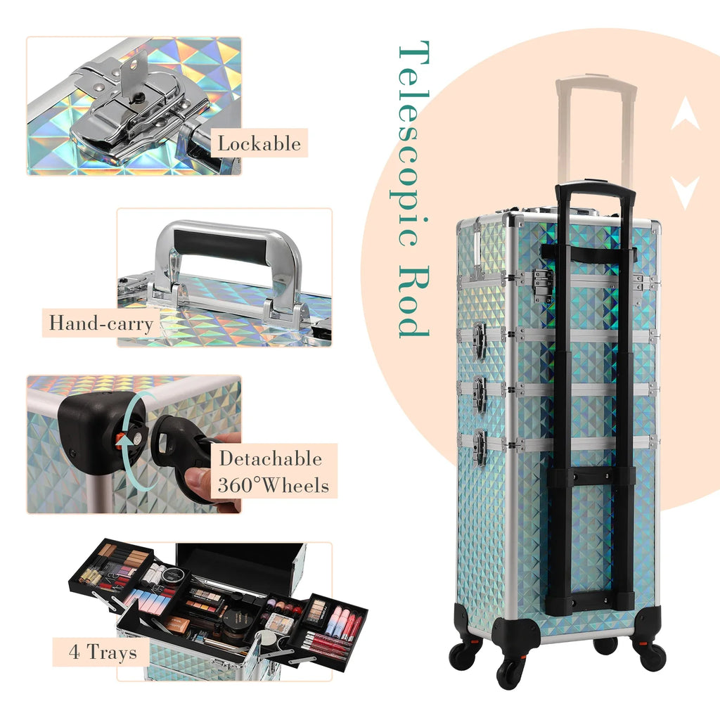Makeup Trolley Case Detachable 4 in 1 Alloy Train Briefcase for Nail Manicure on Wheels Lock Salon Large Capacity Storage Case