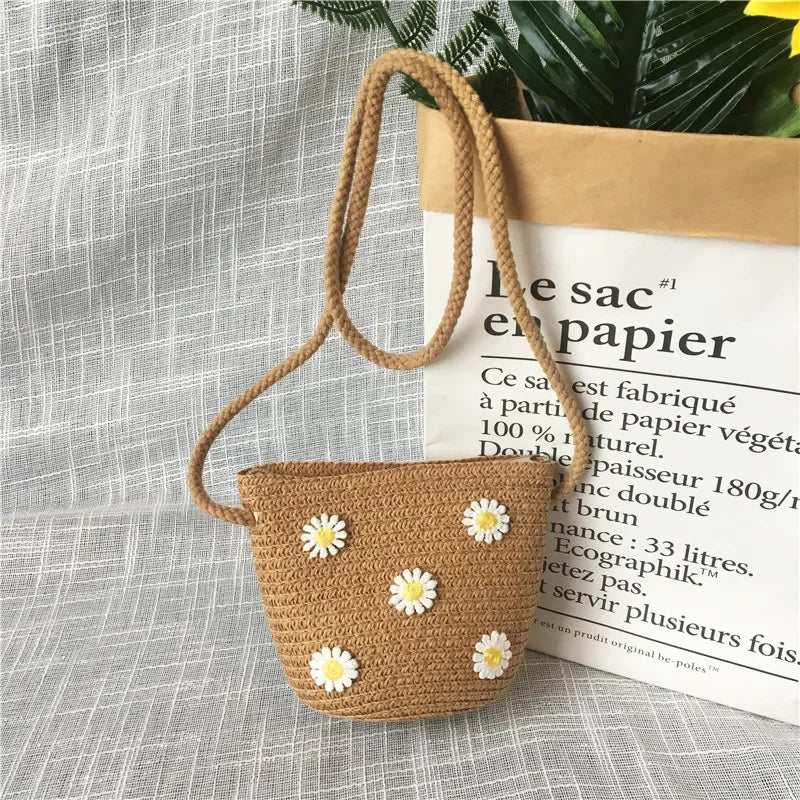 Children's Straw Crossbody Bag Lovely Girls Small Coin Purse Princess Wallet Handbags Baby Kids Mini Summer Shoulder Bags