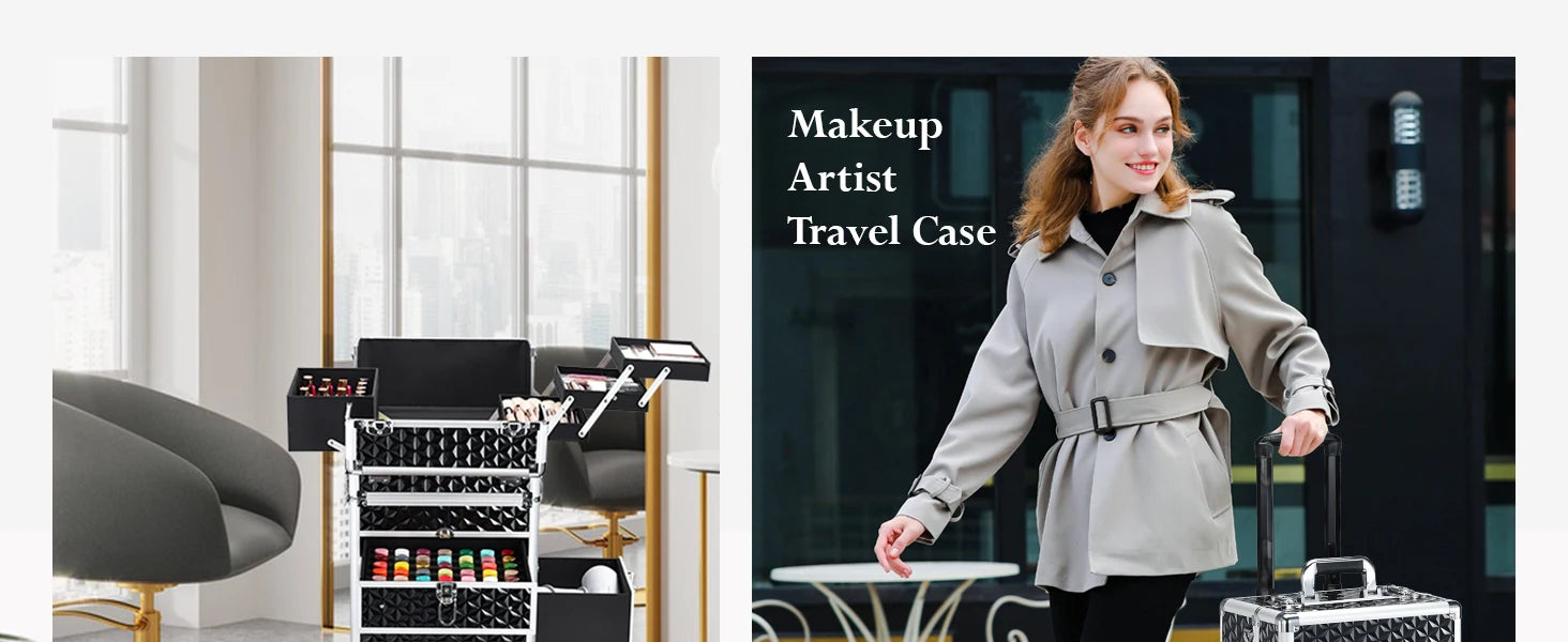 Rolling Makeup Case with Wheels Drawers Large Professional Cosmetology Trolley Case Lockable Travel Cosmetic Storage Train Cases