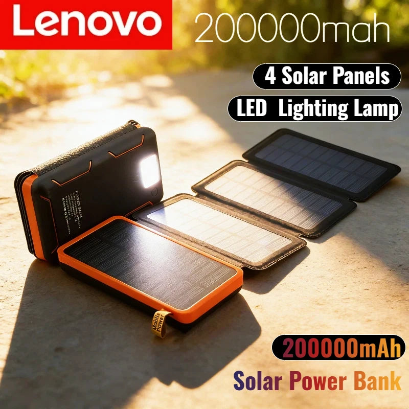 Lenovo LED Solar Power Bank  200000mAh 4 Solar Panels Wireless Charger Portable External Battery Flashlight for Outdoor Travel