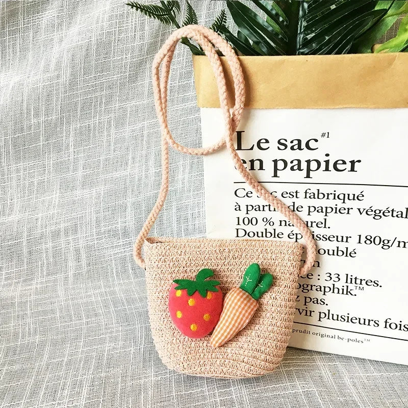 Children's Straw Crossbody Bag Lovely Girls Small Coin Purse Princess Wallet Handbags Baby Kids Mini Summer Shoulder Bags