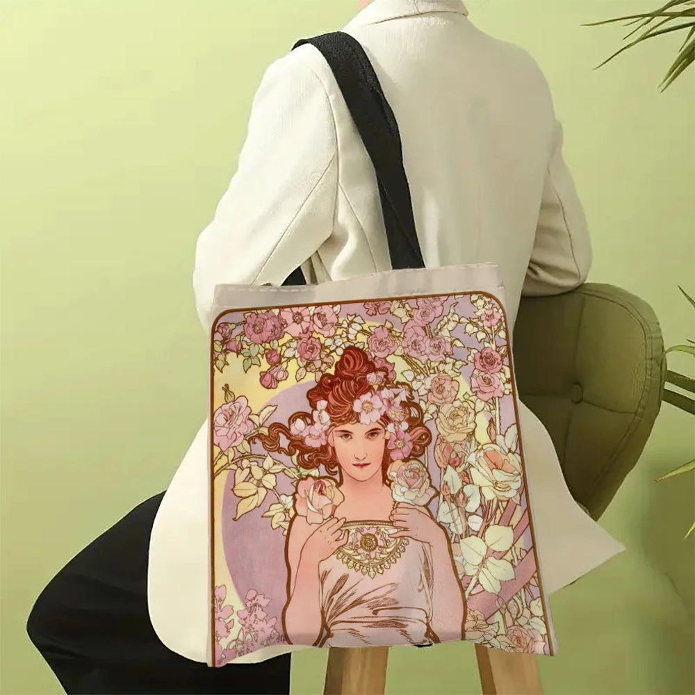 Mucha Series Digital Printed Linen Bag Open Tote Bag Handbag Retro Shopping Bag