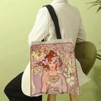 Mucha Series Digital Printed Linen Bag Open Tote Bag Handbag Retro Shopping Bag