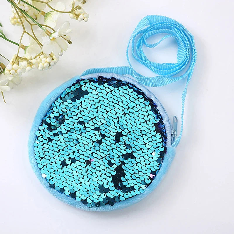 Lovely Round Princess Coin Purse Color Sequins Shiny Lanyard Shoulder Bag Children's Messenger Small Pack Kids Handbag Girl Gift