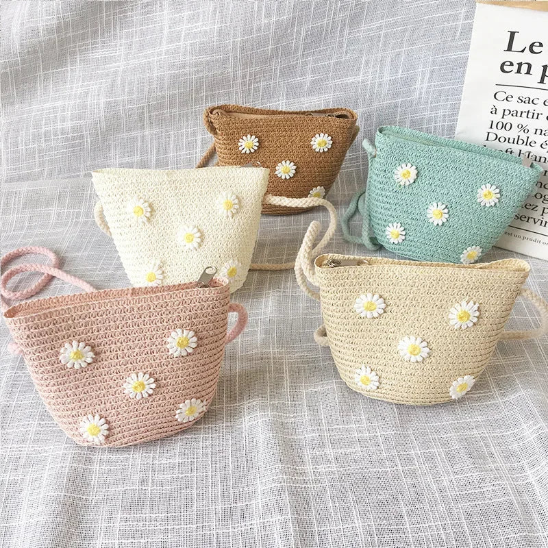 Children's Straw Crossbody Bag Lovely Girls Small Coin Purse Princess Wallet Handbags Baby Kids Mini Summer Shoulder Bags