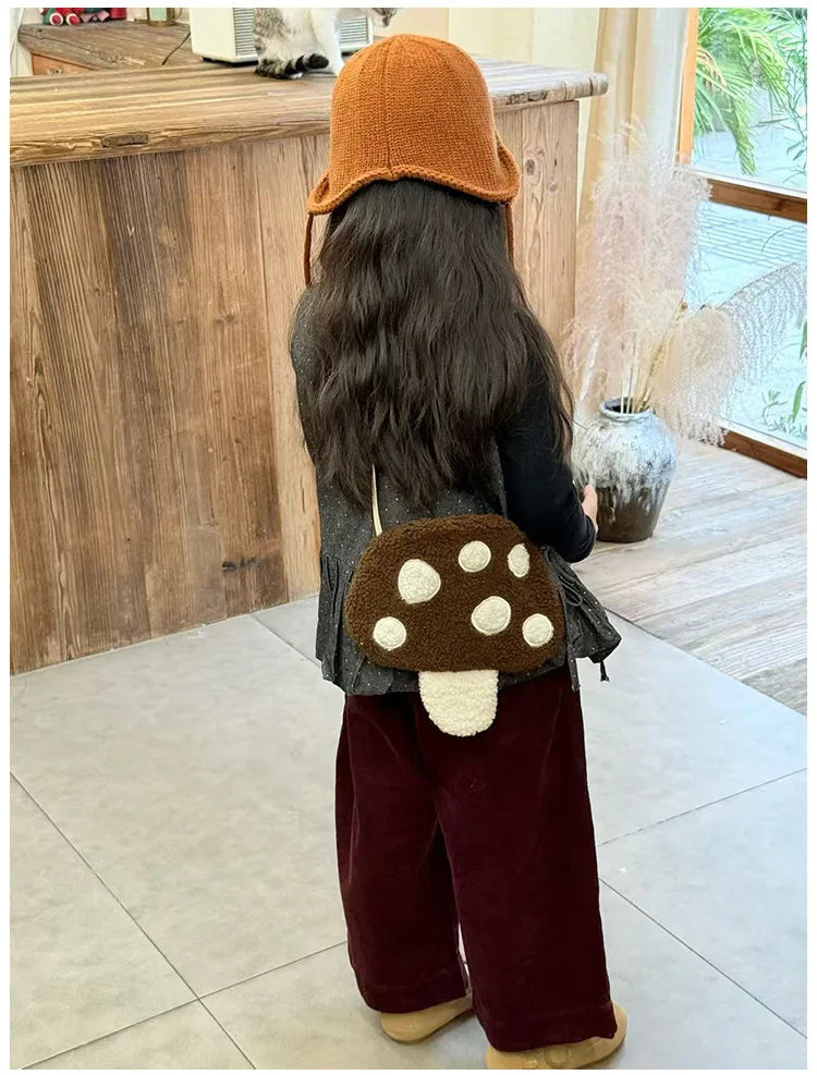 Cartoon Mushroom Girls Plush Shoulder Bags Cute Baby Kids Faux Lamb Wool Crossbody Bag Winter Boys Soft Handbags Coin Purse
