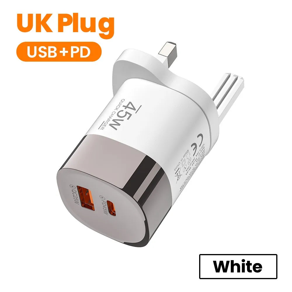 Dual Ports USB Type C Charger Fast Charging 45W QC PD 3.0 Travel Wall Charger Adpater Fast USB Chargers For Phone EU US UK Plug